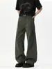 Calças de trabalho casuais plissadas estilo americano verde militar para homens, calças de perna larga retas soltas da moda para o verão, calças de algodão puro lavadas