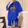 Traje deportivo informal holgado estilo Hong Kong con diseño de gofres, pantalones cortos de verano para hombre, camiseta de manga corta, conjunto atractivo y moderno de colocación