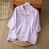 Nueva camisa retro bordada de algodón y lino estilo chino para mujer, nuevo modelo de verano, blusa artística de cinco mangas fina y transpirable