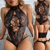Fornecimento transfronteiriço Europa e Estados Unidos comércio exterior sexy roupa íntima sexy feminina renda preta perspectiva oca macacão local