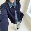 Cárdigan de punto largo de mezclilla patchwork estilo coreano para mujer, con cuello de solapa y cierre de botones, adecuado para comercio electrónico transfronterizo