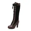 Botas de Moda de Tacón Alto con Punta Redonda Patchwork Otoño-Invierno Estilo Europeo y Americano con Cordones Caña Alta para Mujer Tallas Grandes AliExpress Dropshipping C-77