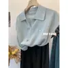 ¡Verano Coreano Muyang! Suéter de punto para mujer con cuello polo de manga corta y decoración de conchas de seda helada