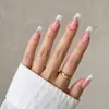 Uñas Postizas Portátiles, Estilo de Comercio Exterior, Uñas Postizas Francesas Blancas con Borde Blanco en Forma de Escalera Larga con Patrón de Flores Degradadas, 24 Piezas, Hechas a Mano Puras, Longitud Media, Venta al por Mayor