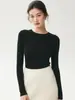 Top de punto elástico, sin costuras, cuello redondo, hilado fino, 100% lana, lavable a máquina, capa base de lana merino extrafina de 18 puntos para mujer