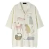 Camisa Retro Japonesa com Estampa de Gato Vazada de Manga Curta para Homens e Mulheres Verão Solta Casal Casual Preguiçoso Jaqueta Cardigan