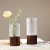 Jarrón de Vidrio con Base de Madera Estilo Chino Nuevo de Alta Gama, Arreglo Floral Transparente, Flores Frescas Cultivadas en Agua, Bambú de la Suerte, Decoración para Sala de Estar