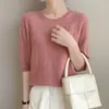 Suéter de tricô feminino transfronteiriço com gola redonda, novo estilo outono e inverno 2026, design vazado, mangas de três quartos, blusa básica pulôver solta, suéter fino