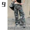 Calça cargo jeans camuflada de perna larga, solta, tendência, estilo retrô americano, nicho, cintura dupla curva, para homens e mulheres, workwear
