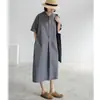 Vestido Midi de Algodón y Lino Nuevo Verano 2026 Bolsillos Grandes Holgado Perezoso Adelgazante Camisa Vestido de Manga Corta