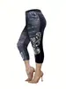 Conjunto de Dos Piezas Moda para Mujer Tallas Grandes Hombros Descubiertos con Tirante Estampado de Falso Mezclilla Pantalones Casual Diario Adelgazante