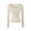 Camiseta de Otoño para Mujer Estilo Puro Deseo con Cuello en U Amplio, Dobladillo Fruncido y Diseño de Bolsillo, Camiseta Base Ajustada