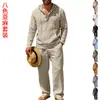 Traje de pantalón largo con capucha Henry de lino para hombre, estilo americano, cuatro estaciones, casual, holgado, para vacaciones hawaianas, transfronterizo