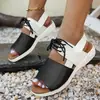 Sandalias de Verano Transfronterizas Estilo Nuevo Bloques de Color con Cordones y Punta Abierta de Suela Gruesa para Mujer, Talla Grande, Comercio Exterior, Suela Suave, Casual, Versátiles Zapatos de Playa