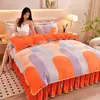 Novo Veludo Leite Espessado Quatro Peças Inverno Veludo Coral Cama Lençóis Colcha Flanela Dormitório Três Peças Conjunto Saia de Cama