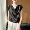Camiseta de manga corta con cuello de volante estilo francés para mujer, verano 2026, fina, holgada, transpirable, satén sedoso, efecto de caída, adelgazante, estilo maduro y sencillo