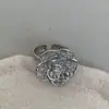 Anillo abierto de flor de circón hueco bañado en oro real de cobre, anillo apilable ancho de mariposa y hoja de metal vintage ins