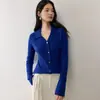 Cárdigan de cachemira al 35% para otoño e invierno, cuello polo, suéter de punto acanalado, color liso, top de punto de lana de manga larga para mujer