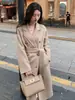 Casaco de Lã de Camelo Dupla Face 801 Casaco Feminino Longo Elegante de Lã Outono e Inverno Solto com Cadarço Estilo Coreano