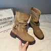 Botas Retro de Ante de Caña Media Fruncidas para Mujer Botas 2026 Otoño con Forro de Terciopelo Hebilla de Cinturón Botas de Motocicleta Tacón Grueso Botas Martin que Aumentan la Altura