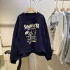 Moletom Casual Ocidental Versátil Feminino Outono/Inverno Coreano Novo Estilo Estampa de Gato com Letras Soltinho Preguiçoso Gola Redonda Ins