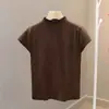 Camiseta Feminina Original de Fio Cardado com Gola Alta Curta, Camisa Base Tricotada com Design Estiloso, Top Branco Slim