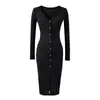 Vestido de Lã Elegante e Suave com Decote em V e Manga Longa, Vestido Midi Básico Bodycon Slim Fit de Botão Único com Decote em V para Primavera