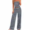 Comércio Exterior Transfronteiriço Amazon 2026 Conjunto Feminino Casual Europeu e Americano com Top Tubo Listrado e Calça Longa de Cintura Elástica para Férias e Casa