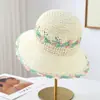 Sombrero de Paja Tejida Floral Estilo Pastoral para Mujer, Sombrero de Sol de Pescador con Ala Ancha para Vacaciones de Verano en la Playa y la Costa