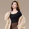Capa base ligera cepillada para mujer para otoño e invierno, con copas de sujetador integradas, no necesita usar sujetador, ultradelgada y sin costuras, escote cuadrado, ropa interior que realza la piel