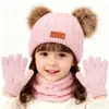 Conjunto de gorro, bufanda y guantes de punto para niños, conjunto cálido de otoño e invierno con gorro de orejeras y pompón, calentador de cuello con forro polar para niñas y bebés