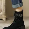 35-42 Tamanho Grande Botas de Cano Curto Salto Médio 2026 Outono/Inverno Novo Estilo Botas Femininas Zíper Lateral Fivela Cinto de Couro Botas Martin Botas Transfronteiriças