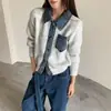 Nuevo cárdigan suéter de punto de mezclilla patchwork estilo coreano de cuello polo para otoño e invierno, prenda exterior holgada y moderna para mujer