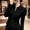 Tejido Chic y Único Solapa Color Sólido Ajustado Manga Larga Tejido para Mujer 2025 Invierno Nuevo Nicho Top Básico