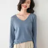 Suéter de punto fino de manga larga suelto de color liso para otoño e invierno, camiseta de capa base para mujer, dobladillo enrollado, cuello redondo, jersey