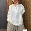 2026 Primavera Novo Camisola de Linho Lavado com Areia Gola Redonda Artística Manga Longa Camiseta Feminina Solta Emagrecedora Redutora de Idade 9706