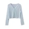 Cardigã de Ar Condicionado para Mulheres, Camisa de Tricô de Seda Gelada de Verão com Proteção Solar, Top de Renda Fino Solto Curto com Decote V e Manga Longa