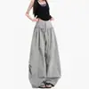 Elegantes pantalones grises para mujer con cordón, dobladillo con volantes, pierna curva, nuevos de 2026, de cintura alta, adelgazantes, holgados, línea A, casuales