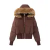 Comercio Exterior Al por Mayor Estilo Europeo y Americano Invierno 2025 Nuevo Moda para Mujer Cálida Versátil Cuello de Piel con Capucha Cremallera Chaqueta de Algodón
