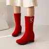 Botas de cuero para mujer con punta redonda de gamuza estilo europeo y americano, cremallera lateral, botines Chelsea, botas cortas de jinete, zapatos de mujer con tacón de cuña alto