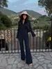 Conjunto de top e calça elegante e luxuoso, com gola lapela, acinturado, com saia evasê, fenda, mangas compridas, curto e de corte slim, para mulheres, adequado para o outono no trabalho