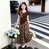 Conjunto Estilo Universitario para Niñas: Conjunto de Verano de Dos Piezas para Niñas Mayores: Top Irregular de Manga Corta con Lazo y Falda Larga a Cuadros