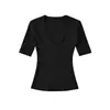 Camiseta sexy de color liso, manga media, cuello en V profundo, estilo puramente deseable para mujer, top base de yoga ajustado estilo americano al por mayor