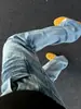 Calça jeans masculina lavada com estampa de rachadura de raio, estilo high street americano, lavada e desgastada, calça casual de perna reta e larga