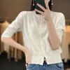 Cardigan de punto corto de algodón con cuello redondo liso, manga abullonada, cierre de botón, manga corta, adelgazante, elegante, para commuting, mujer