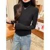 Camiseta de manga larga cepillada de doble cara para mujer, 270 g, para primavera y otoño, camiseta base corta ajustada, top de cuello alto estilo coreano