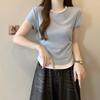Comercio Exterior Toma Real Algodón Combinación de Colores Camiseta Corta de Manga Corta para Mujer Ropa de Verano Ajustada Adelgazante Cintura Plisada Top Falso de Dos Piezas