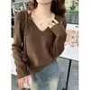 Suéter com decote V para mulheres, blusa de tricô de caimento solto, novo estilo 2026, peça básica para outono e inverno, blusa com decote V baixo