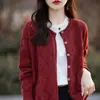 Cárdigan de mujer con cuello redondo, borde de canalé, tejido jacquard, suéter de corte holgado para otoño e invierno, nuevo de color liso, versátil y top engrosado