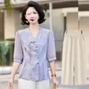 Nuevo Traje Jacquard Estilo Chino para Mujer de Manga Corta Chic Moda Verano Nuevas Llegadas Ropa para Madres Camisa Top Estilo Nacional Cachemira de Cordero